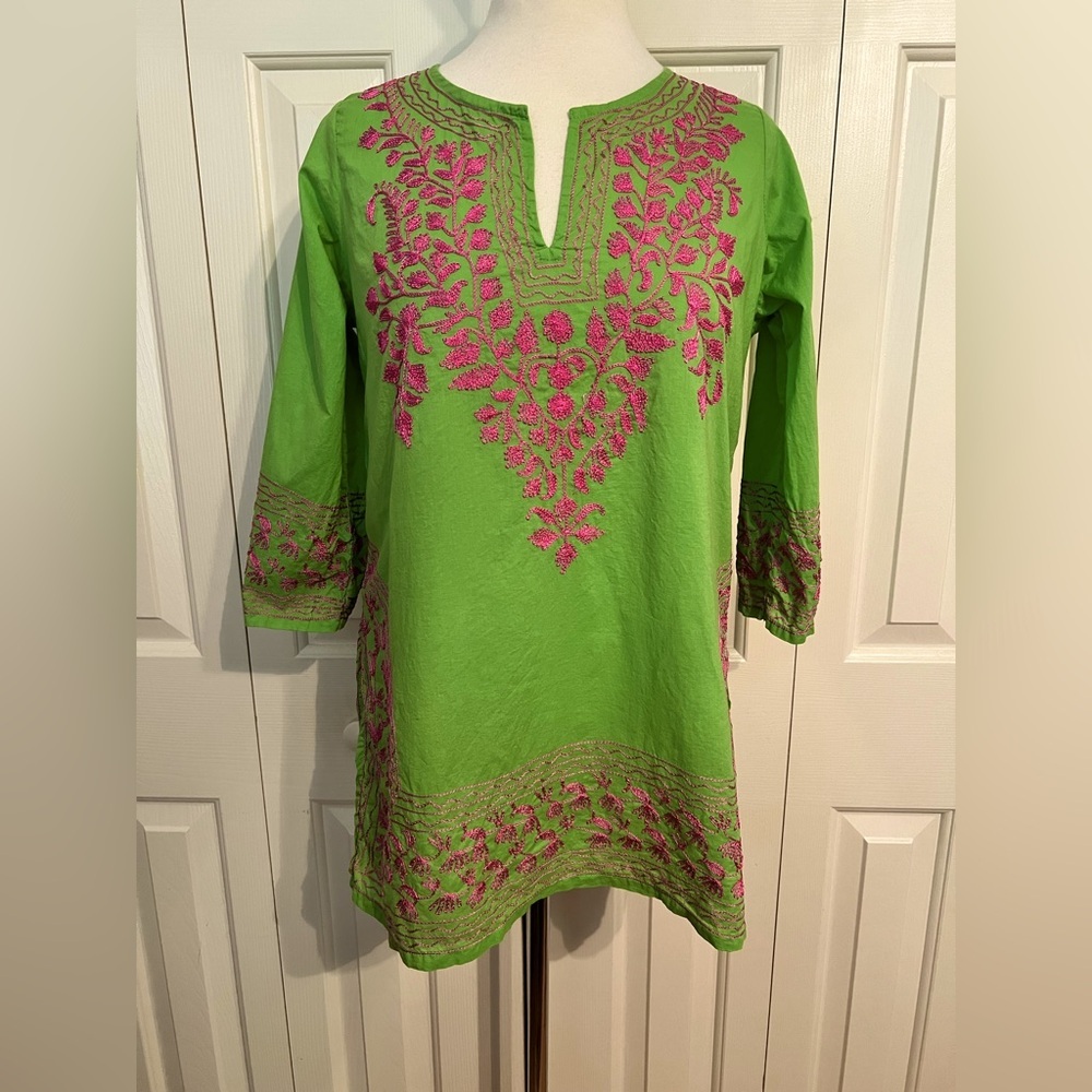 Gretchen Scott Designs Green and Pink Embellished Tunic Size Medium